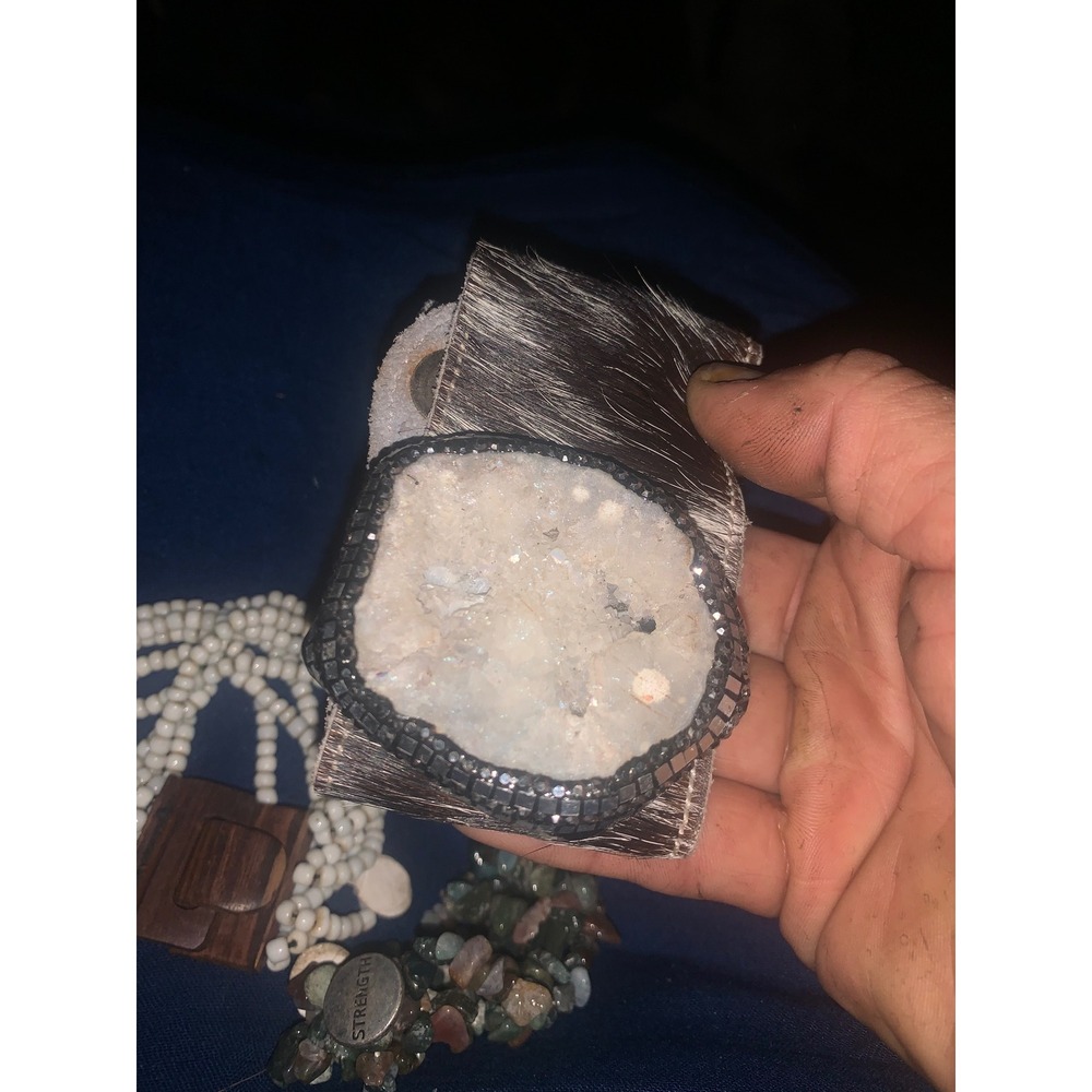 Western Cowhide Hair on Hide Cuff Bracelet Raw Druzy Quartz Geode Stone Brown